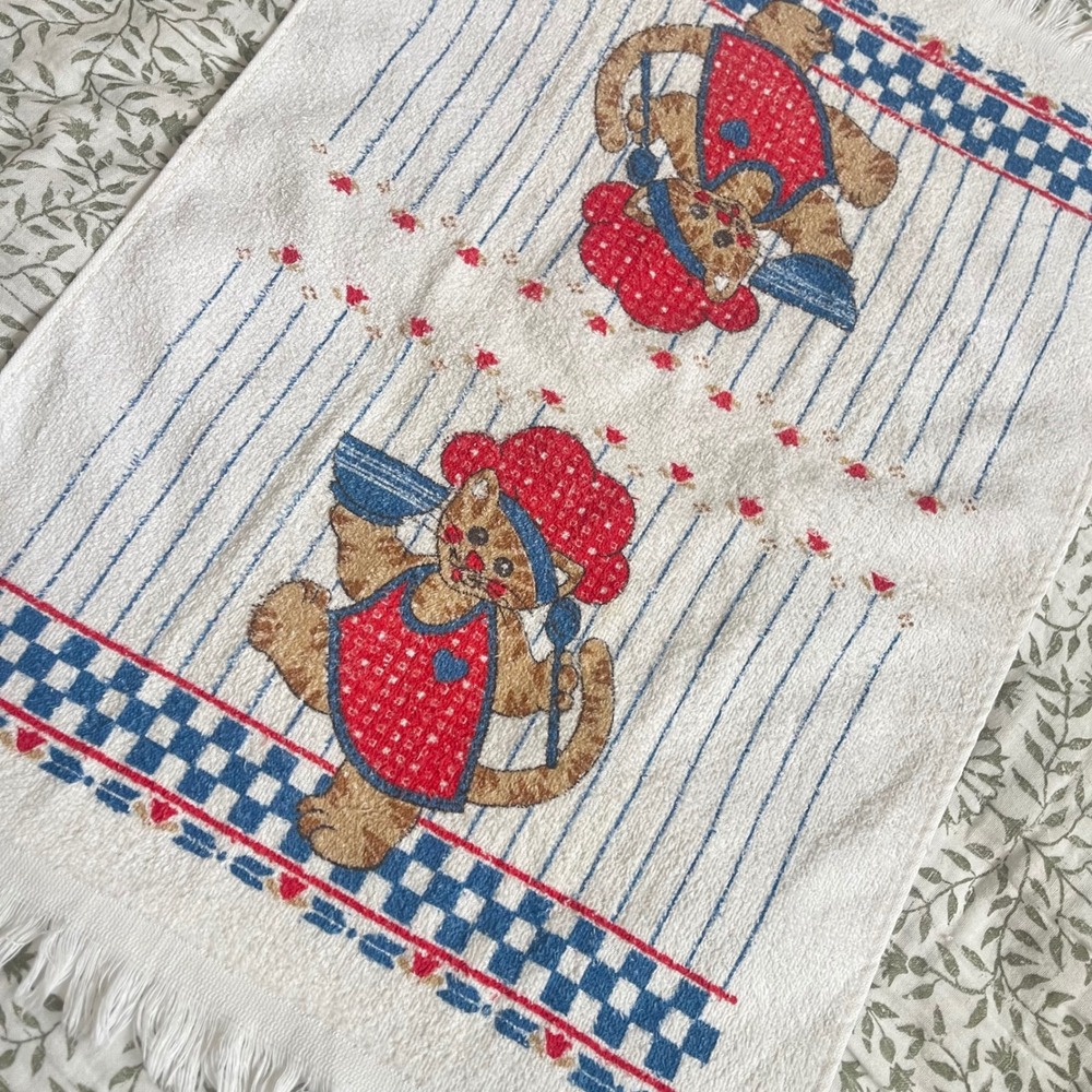 2 VTG CANNON Hand Kitchen Towel 70s NOS Cat‎ Checkered heart cottage